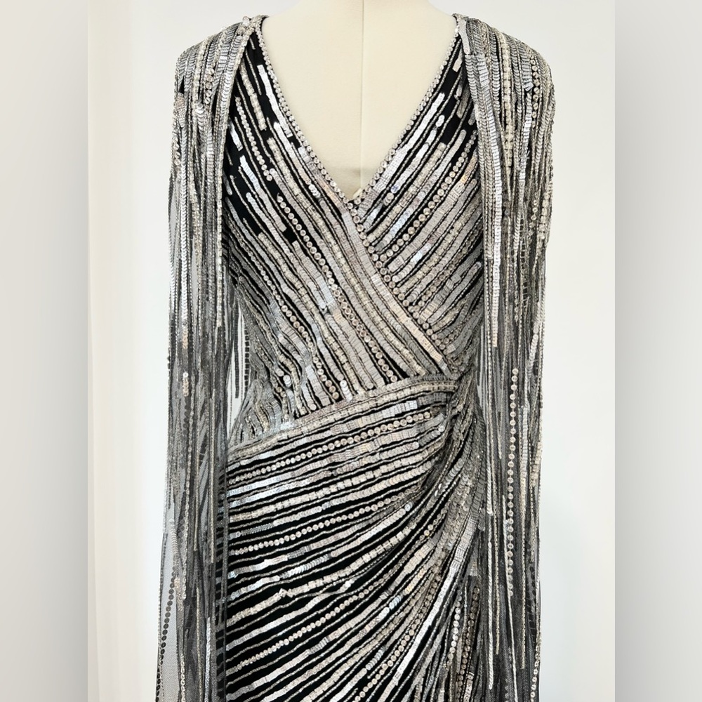 Pamella Roland Sequined Tulle Cape Gown Long Dress - Picture 10 of 16